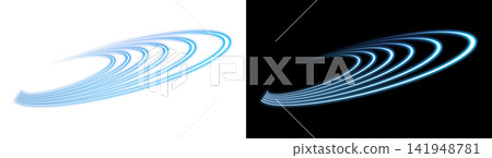 Swirling blue neon light trails, curved loops, transparent background, decorative material. Swirling blue neon light trails, curved loops, transparent background, decorative material. 141948781