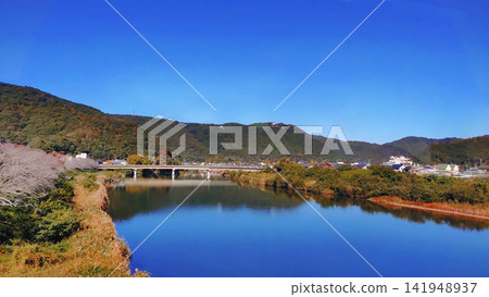 從岩德線上的錦川橋上眺望,可以看到遠處的錦川和岩國城,秋色宜人。 從岩德線上的錦川橋上眺望,可以看到遠處的錦川和岩國城,秋色宜人。 141948937