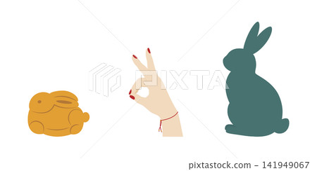 Mid Autumn Festival collection featuring a Jade Rabbit, rabbit shaped mooncake and hand formed rabbit. Vector illustration for greeting cards, posters, packaging, social media and holiday designs. Set Mid Autumn Festival collection featuring a Jade Rabbit, rabbit shaped mooncake and hand formed rabbit. Vector illustration for greeting cards, posters, packaging, social media and holiday designs. Set 141949067