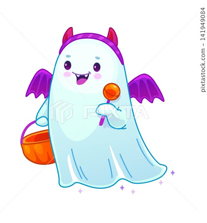 Halloween ghost in devil mask kawaii character. Ghost cheerful personage, flying spirit isolated vector kawaii mascot. Halloween holiday monster funny character with lollypop candy and pumpkin basket Halloween ghost in devil mask kawaii character. Ghost cheerful personage, flying spirit isolated vector kawaii mascot. Halloween holiday monster funny character with lollypop candy and pumpkin basket 141949084