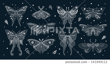Mystic moth insect magic tattoo, mystery butterfly vector silhouettes with celestial and astrology symbols, moon, sun and flowers. Mystic astrology esoteric moth or night butterfly boho tattoos Mystic moth insect magic tattoo, mystery butterfly vector silhouettes with celestial and astrology symbols, moon, sun and flowers. Mystic astrology esoteric moth or night butterfly boho tattoos 141949112