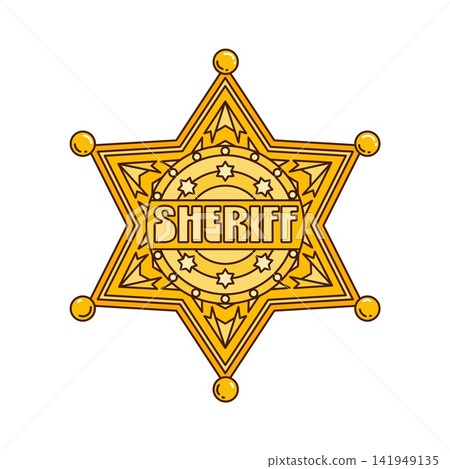 Wild West and Western retro groovy sheriff star badge. Texas Wild West cartoon funky patch, American Western sheriff golden star badge isolated vector sticker. USA history retro decoration or element Wild West and Western retro groovy sheriff star badge. Texas Wild West cartoon funky patch, American Western sheriff golden star badge isolated vector sticker. USA history retro decoration or element 141949135