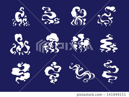 Cartoon smoke effects set. Steams of coffee and tea drinks, food flavor aroma or smell, vector comics clouds. Isolated cartoon effects of air motion trails, white fume, smoke and gas clouds Cartoon smoke effects set. Steams of coffee and tea drinks, food flavor aroma or smell, vector comics clouds. Isolated cartoon effects of air motion trails, white fume, smoke and gas clouds 141949151