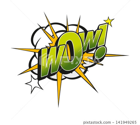 Wow comic sound effect speech bubble label. Expression speech cloud pop art sticker, exclamation splash vector label. Comic sound bubble halftone effect with green typography and explosion effect Wow comic sound effect speech bubble label. Expression speech cloud pop art sticker, exclamation splash vector label. Comic sound bubble halftone effect with green typography and explosion effect 141949265