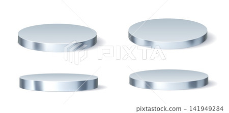 3d round silver chrome or steel metal podium stage pedestals. Product display platforms or award stands with realistic 3d silver metal cylinder base. Shiny steel presentation podium pedestals set 3d round silver chrome or steel metal podium stage pedestals. Product display platforms or award stands with realistic 3d silver metal cylinder base. Shiny steel presentation podium pedestals set 141949284