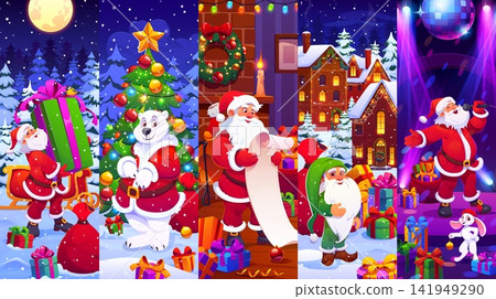 Christmas holiday characters collage of cartoon funny Santa, cute elf and animals with Xmas tree and gifts. Santa Claus characters singing Christmas song and reading Xmas winter holidays wish list Christmas holiday characters collage of cartoon funny Santa, cute elf and animals with Xmas tree and gifts. Santa Claus characters singing Christmas song and reading Xmas winter holidays wish list 141949290