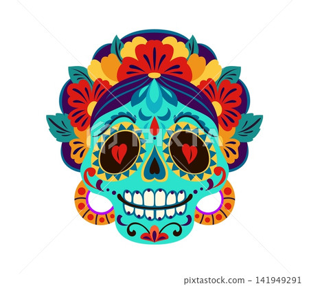 Day of the Dead party Catrina woman turquoise calavera sugar skull. Dia de Los Muertos holiday ornate death face, Day of the Dead vector calavera skull with flowers in hair, round earnings and hearts Day of the Dead party Catrina woman turquoise calavera sugar skull. Dia de Los Muertos holiday ornate death face, Day of the Dead vector calavera skull with flowers in hair, round earnings and hearts 141949291