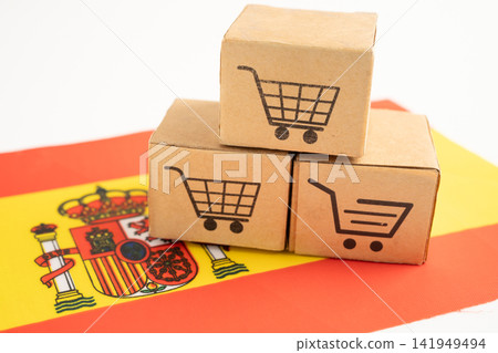 Box with shopping online cart logo and Spain flag, Box with shopping online cart logo and Spain flag, 141949494