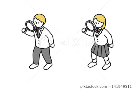 Isometric illustration: High school student set using a magnifying glass (winter uniform, front view) Isometric illustration: High school student set using a magnifying glass (winter uniform, front view) 141949511