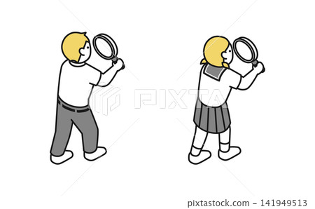 等距插圖:一名中學生正在使用放大鏡(夏季校服,背影) 等距插圖:一名中學生正在使用放大鏡(夏季校服,背影) 141949513