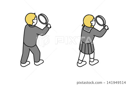 Isometric illustration: Middle school students using a magnifying glass (winter uniform, back view) Isometric illustration: Middle school students using a magnifying glass (winter uniform, back view) 141949514