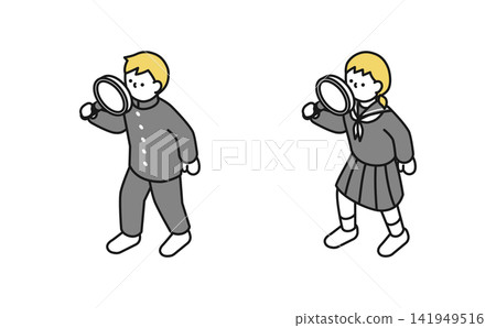 Isometric illustration: Middle school student using a magnifying glass (winter uniform, front view) Isometric illustration: Middle school student using a magnifying glass (winter uniform, front view) 141949516