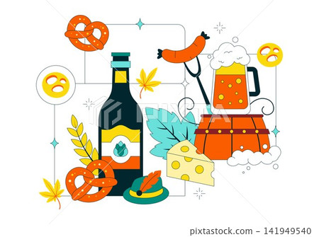 Oktoberfest Vector Illustration Featuring Beer Mugs, Pretzels, Sausages, Cheese, Alpine Hat, and Traditional Bavarian Celebration Design Oktoberfest Vector Illustration Featuring Beer Mugs, Pretzels, Sausages, Cheese, Alpine Hat, and Traditional Bavarian Celebration Design 141949540