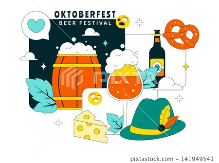 Oktoberfest Vector Illustration Featuring Beer Mugs, Pretzels, Sausages, Cheese, Alpine Hat, and Traditional Bavarian Celebration Design Oktoberfest Vector Illustration Featuring Beer Mugs, Pretzels, Sausages, Cheese, Alpine Hat, and Traditional Bavarian Celebration Design 141949541
