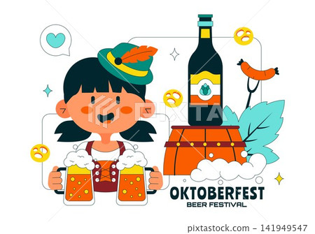 Oktoberfest Vector Illustration Featuring Beer Mugs, Pretzels, Sausages, Cheese, Alpine Hat, and Traditional Bavarian Celebration Design Oktoberfest Vector Illustration Featuring Beer Mugs, Pretzels, Sausages, Cheese, Alpine Hat, and Traditional Bavarian Celebration Design 141949547