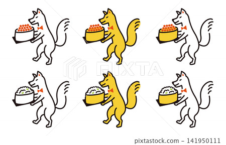 A set of illustrations featuring a fox and inari sushi (salmon roe and mixed ingredients). 141950111