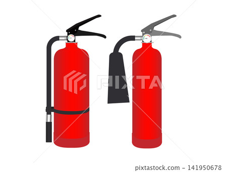 two red fire extinguishers with different nozzles on white background two red fire extinguishers with different nozzles on white background 141950678