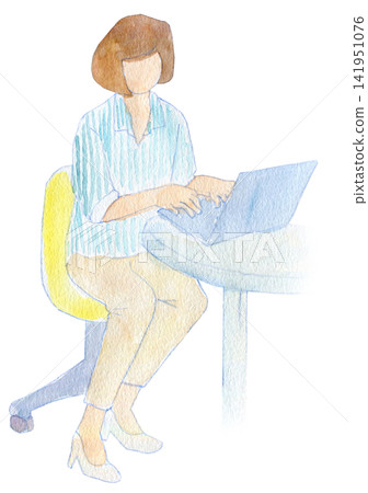 水彩插畫,手繪插畫:一位女士在辦公室使用電腦。 水彩插畫,手繪插畫:一位女士在辦公室使用電腦。 141951076