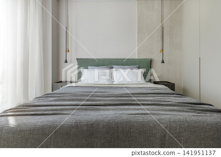 Modern Bedroom Interior Design with Green Headboard and Pendant Lights Modern Bedroom Interior Design with Green Headboard and Pendant Lights 141951137