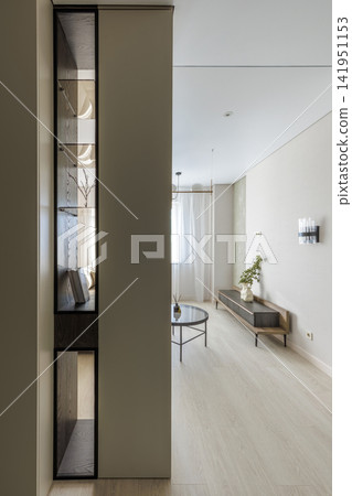 Modern Apartment Interior with Built-In Open Shelving Unit and Living Room View Modern Apartment Interior with Built-In Open Shelving Unit and Living Room View 141951153