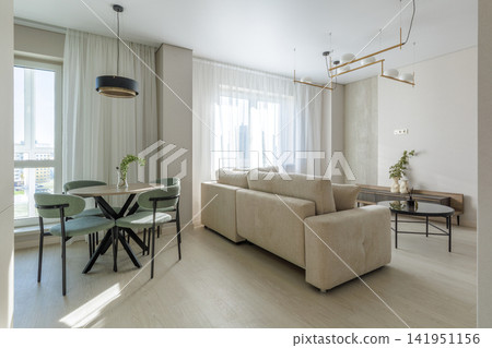Modern Living Room and Dining Area Interior with Sofa and Dining Table 141951156