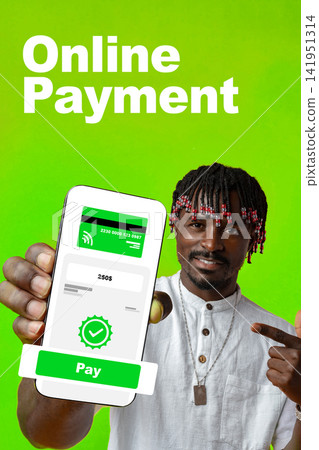 Man shows online payment using mobile phone on a bright green background Man shows online payment using mobile phone on a bright green background 141951314