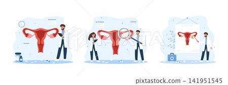 Gynecologist concept. Uterus exam. Male doctor treat reproductive system. Set vector illustration in flat style Gynecologist concept. Uterus exam. Male doctor treat reproductive system. Set vector illustration in flat style 141951545