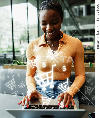 Online shopping with a woman at a cafe using a laptop and viewing shopping carts and dollar signs Online shopping with a woman at a cafe using a laptop and viewing shopping carts and dollar signs 141951909