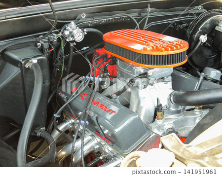 Close-up of a powerful polished Chevrolet V8 engine with orange air filter. - June 13, 2026 Ruston WA, USA Close-up of a powerful polished Chevrolet V8 engine with orange air filter. - June 13, 2026 Ruston WA, USA 141951961