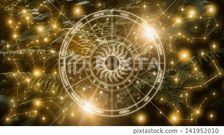 Zodiac signs display on a dark background with stars and constellations highlighting each sign Zodiac signs display on a dark background with stars and constellations highlighting each sign 141952010