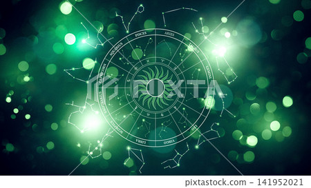 Astrology zodiac signs with constellations and symbols in a green background Astrology zodiac signs with constellations and symbols in a green background 141952021