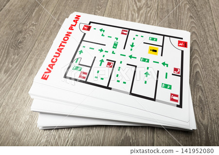 Emergency 911 evacuation plan showing routes and exits for quick escape in case of danger Emergency 911 evacuation plan showing routes and exits for quick escape in case of danger 141952080