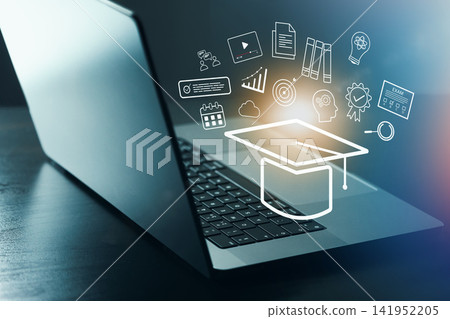 E learning with a laptop and digital icons representing education in a study space E learning with a laptop and digital icons representing education in a study space 141952205