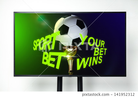 Sport bet graphic showing a soccer ball and trophy with a focus on winning Sport bet graphic showing a soccer ball and trophy with a focus on winning 141952312
