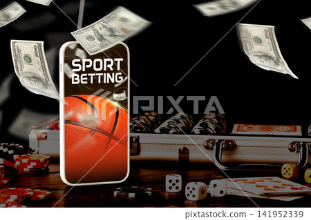 Sport betting with money and poker chips on a table during a game night Sport betting with money and poker chips on a table during a game night 141952339