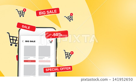 Online shopping app shows discounts and sales during big sale event on phone screen Online shopping app shows discounts and sales during big sale event on phone screen 141952650