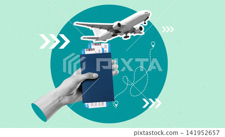 Travel planning with a hand holding a passport and a plane flying in the background Travel planning with a hand holding a passport and a plane flying in the background 141952657