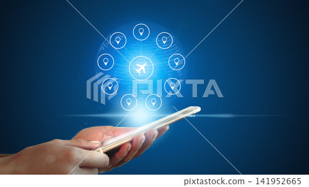 Travel booking on a smartphone with location pins and an airplane symbol in the background Travel booking on a smartphone with location pins and an airplane symbol in the background 141952665