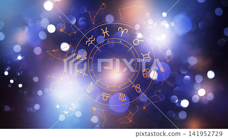 Astrology zodiac signs in a circular pattern with glowing background Astrology zodiac signs in a circular pattern with glowing background 141952729
