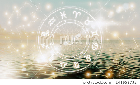 Astrology zodiac signs circle over calm water during sunset with shining stars in the background Astrology zodiac signs circle over calm water during sunset with shining stars in the background 141952732
