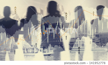 Business chart showing stock exchange trading with silhouettes of people in a city Business chart showing stock exchange trading with silhouettes of people in a city 141952778