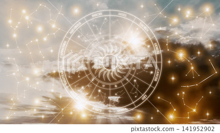 Astrology zodiac signs circle with constellations and sun in a cloudy sky Astrology zodiac signs circle with constellations and sun in a cloudy sky 141952902