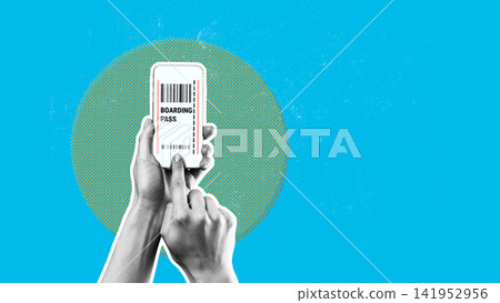 Checking a boarding pass on a smartphone for a flight at the airport before traveling Checking a boarding pass on a smartphone for a flight at the airport before traveling 141952956