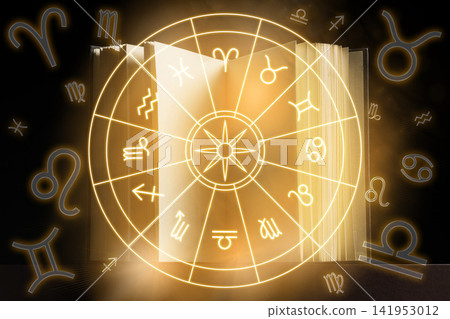 Astrology zodiac signs represented with symbols and a book on a dark background Astrology zodiac signs represented with symbols and a book on a dark background 141953012