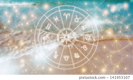 Astrology zodiac signs on a beach background with ocean waves and stars Astrology zodiac signs on a beach background with ocean waves and stars 141953107