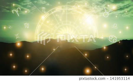 Astrology zodiac signs shine over mountains during sunset with bright stars in the sky Astrology zodiac signs shine over mountains during sunset with bright stars in the sky 141953114