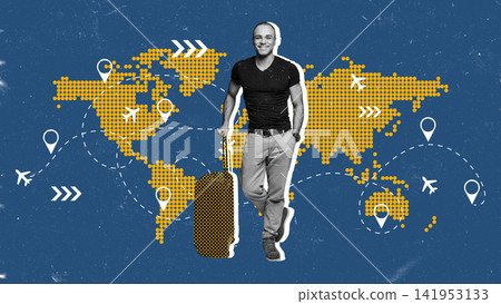 Traveling across the world with a suitcase and a map in the background showing destinations and flight paths Traveling across the world with a suitcase and a map in the background showing destinations and flight paths 141953133