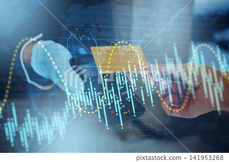 Business person checking stock exchange data on a smartphone in an office setting during market hours 141953268