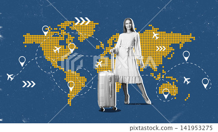 Travelers exploring new destinations with luggage on a world map in the background Travelers exploring new destinations with luggage on a world map in the background 141953275