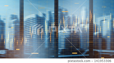 Business chart showing stock exchange trading with city skyline in background Business chart showing stock exchange trading with city skyline in background 141953306